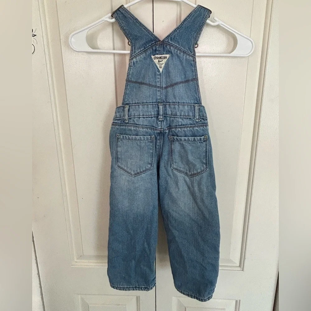 Vintage Osh Kosh B’ Gosh Overalls Denim Jeans Pink Fleece Lining Toddler Size 2T